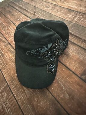 Black Embellished Military-Style Cap